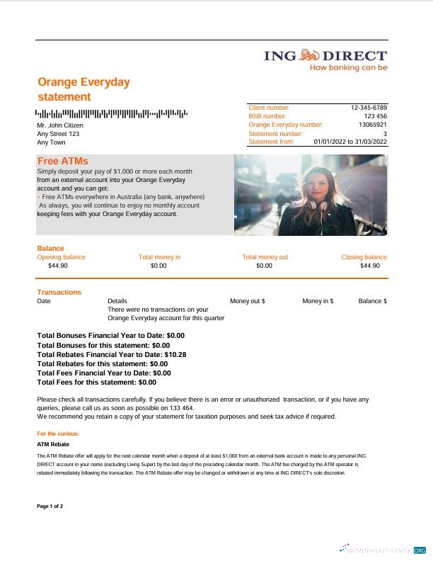 Download Australia ING Direct bank statement version 2 Photoshop template